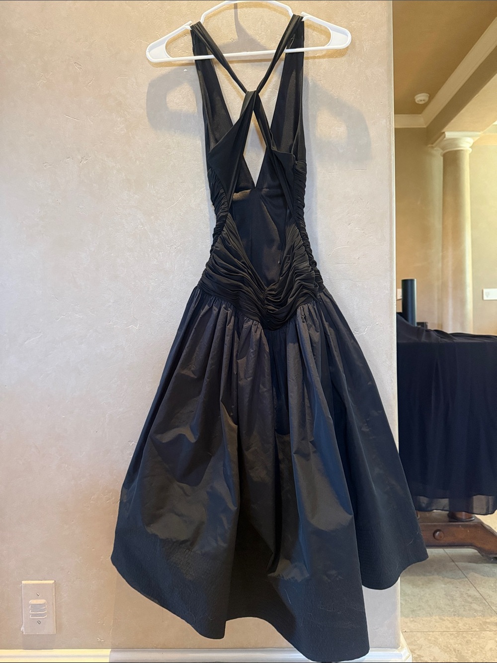 BCBGMaxAzria Black Ruched Bodice Midi Dress with Cross-Back Straps - Picture 9 of 11